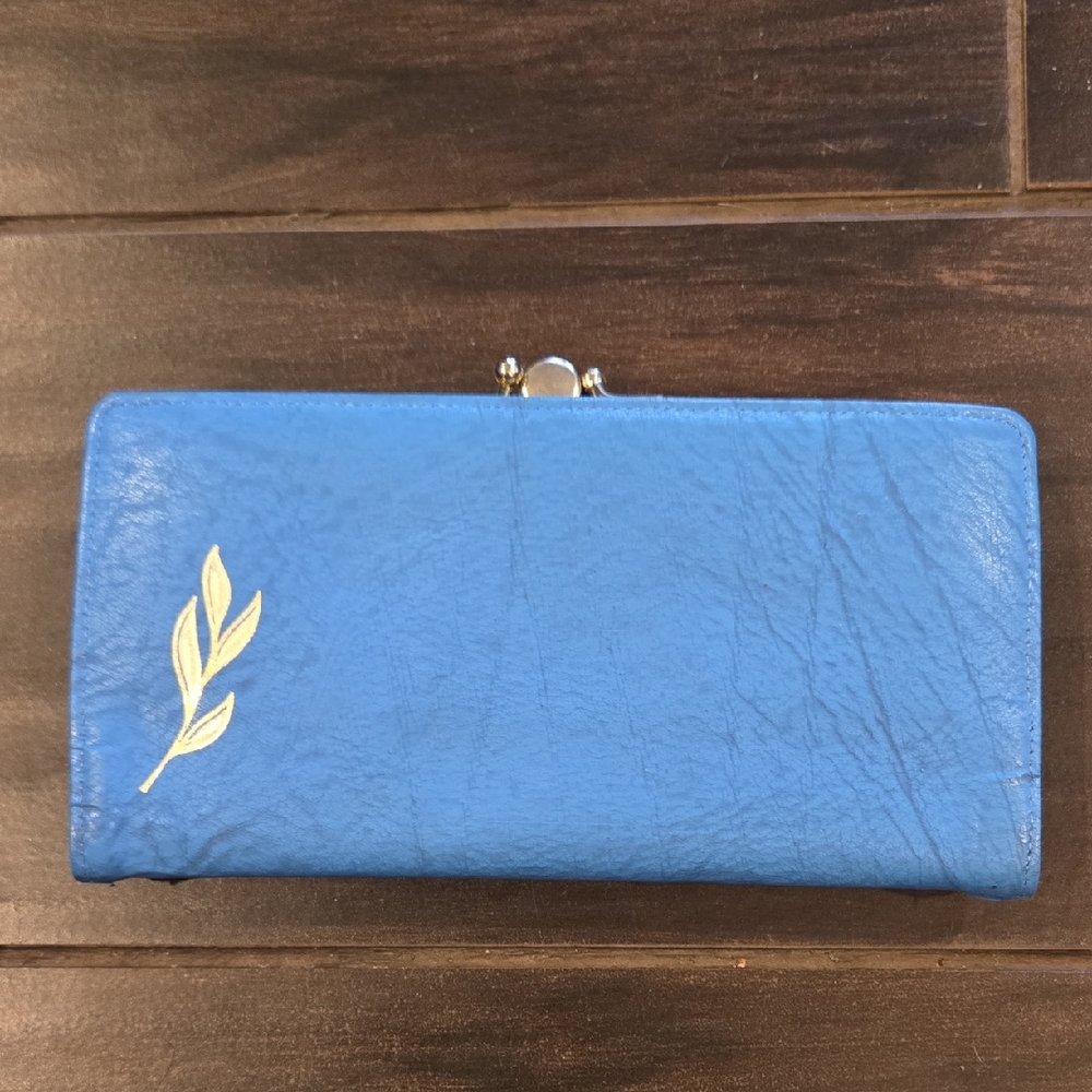 Vintage Atomic Blue 1960's Wallet With Gold Leaf Design NWOT
